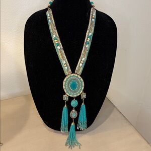 Chico’s Elegant Turquoise Beaded Necklace with tassels 40” long